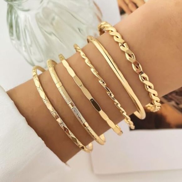 Gold Plated Bangle Bracelet Set Stackable Cuff Minimalist Boho Jewelry - Picture 4 of 8